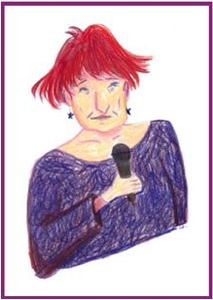 Portrait dessiné d’Anne Sylvestre, chanteuse, au micro – Balades Urbaines