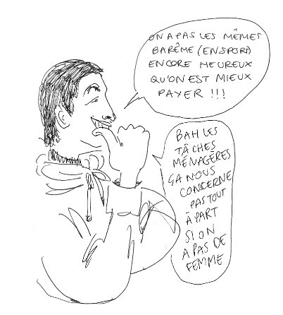 Dessin d’un homme dont les bulles reprennent des idées reçues sur l’égalité des salaires et les tâches ménagères