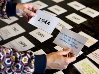 Cartes d’un jeu de frise chronologique sur les droits des femmes, dont 1944 : les femmes obtiennent le droit de vote